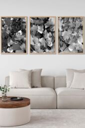 ARTZE Set of 3 Oak Framed Abstract Wild Garden Flowers in Black & Grey Wall Art - Size: W33 cm x H45 cm x D20mm