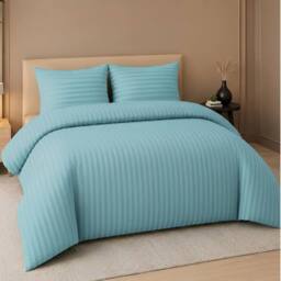 Pamposh Satin Stripes Duvet Cover Set Reversible Bedding Sets in Aqua - Size: Super King - thumbnail 1