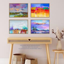 Wee Blue Coo Pack of 4 Bright Multicoloured Coastal Landscape Abstract Oil Painting Unframed Wall Art Living Room Prints Set - thumbnail 2