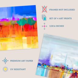 Wee Blue Coo Pack of 4 Bright Multicoloured Coastal Landscape Abstract Oil Painting Unframed Wall Art Living Room Prints Set - thumbnail 4