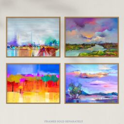 Wee Blue Coo Pack of 4 Bright Multicoloured Coastal Landscape Abstract Oil Painting Unframed Wall Art Living Room Prints Set - thumbnail 5