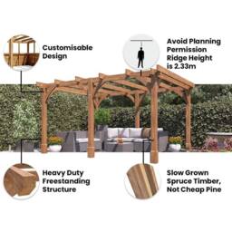 Dunster House Wooden Pergola 4x3m Garden Plant Frame Pressure Treated Leviathan in Brown - thumbnail 4