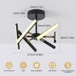 NIVOR 6 Light Sputnik LED Chandelier Ceiling DIY Rod Adjustable 3 Color in Black - thumbnail 2