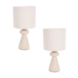 ValueLights Cady Pair of Stone Effect Natural Table Lamps with Drum Shades & LED Bulbs in Cream - thumbnail 2