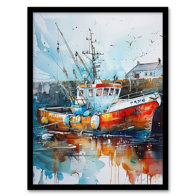 "Artery8 Fishing Boat Harbour Watercolour Classic Coastal Framed Art Print - Size: W12"" x H16""" - image 1
