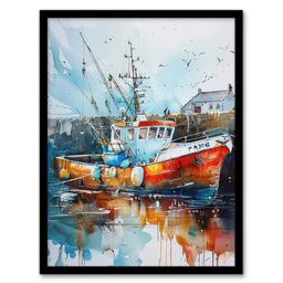 "Artery8 Fishing Boat Harbour Watercolour Classic Coastal Framed Art Print - Size: W12"" x H16""" - thumbnail 1