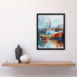"Artery8 Fishing Boat Harbour Watercolour Classic Coastal Framed Art Print - Size: W12"" x H16""" - thumbnail 4