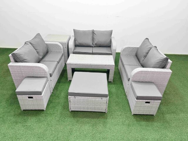 Fimous 9 Seater PE Wicker Rattan Furniture Sofa Sets with Oblong Coffee Table 2 Seater Love Sofa 3 Stool Side Table Light Grey - image 1