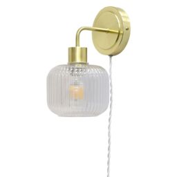 First Choice Lighting Set of 2 Toby - Satin Brass Plug in Wall Lights Ribbed Glass Shades in Gold - thumbnail 3