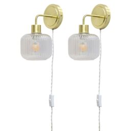 First Choice Lighting Set of 2 Toby - Satin Brass Plug in Wall Lights Ribbed Glass Shades in Gold