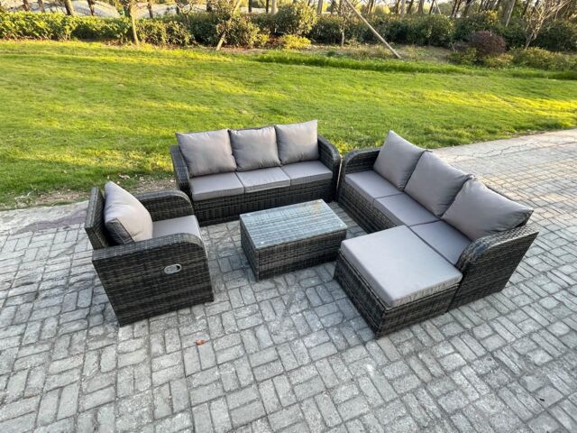Fimous 8 Seater Rattan Outdoor Garden Furniture Sofa Set Patio Table & Chairs Set with 3 Seater Sofa Reclining Chair 3 Seater Sofa Big Footstool - image 1