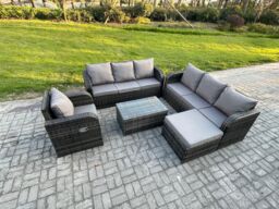 Fimous 8 Seater Rattan Outdoor Garden Furniture Sofa Set Patio Table & Chairs Set with 3 Seater Sofa Reclining Chair 3 Seater Sofa Big Footstool - thumbnail 1