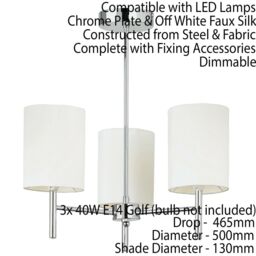 Loops Semi Flush Ceiling Light Chrome & White Silk Shade Modern 3 Bulb Pendant Lamp - thumbnail 2