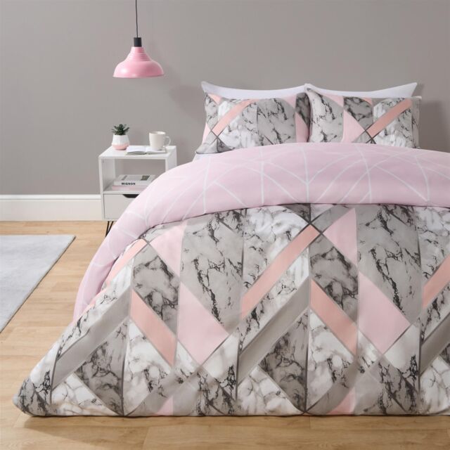 OHS Marble Duvet Cover Pillowcases Bedding Reversible Quilt Set Geo Soft in Pink - Size: Double - image 1