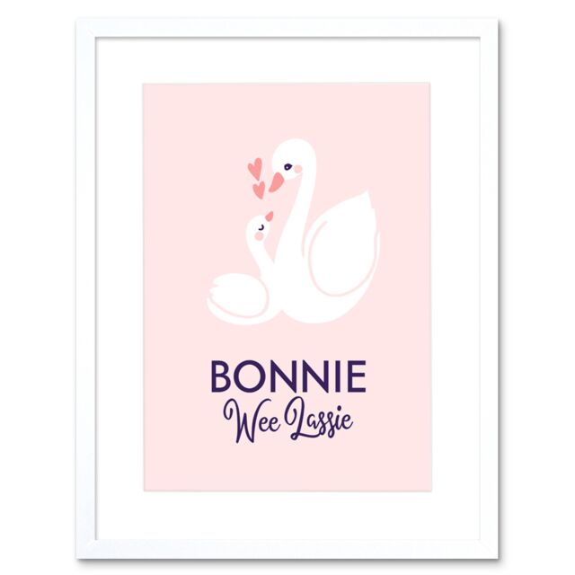 "Artery8 Wall Art Print Bonnie Wee Lassie New Baby Scottish Swan Framed Art in White - Size: W7"" x H9""" - image 1