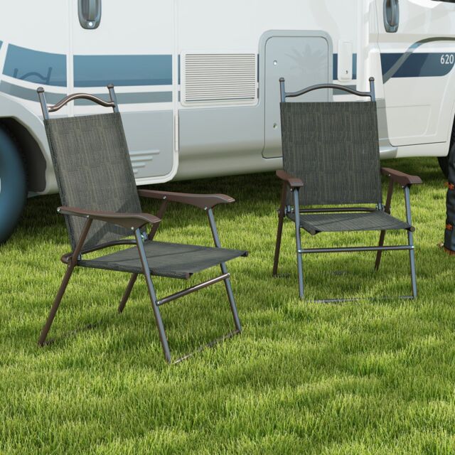 OUTSUNNY Folding Chairs Set w/ Armrest, Breathable Mesh Fabric Seat in Dark Brown - Size: 2 Pack - image 1