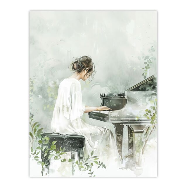 "Artery8 Pianist Playing Piano Misty Forest Watercolour Wall Art Print in Green - Size: W24"" x H32""" - image 1