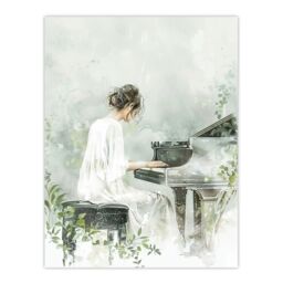 "Artery8 Pianist Playing Piano Misty Forest Watercolour Wall Art Print in Green - Size: W24"" x H32""" - thumbnail 1