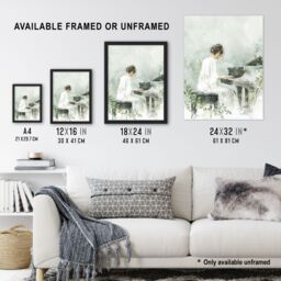 "Artery8 Pianist Playing Piano Misty Forest Watercolour Wall Art Print in Green - Size: W24"" x H32""" - thumbnail 3