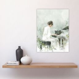 "Artery8 Pianist Playing Piano Misty Forest Watercolour Wall Art Print in Green - Size: W24"" x H32""" - thumbnail 4