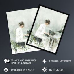 "Artery8 Pianist Playing Piano Misty Forest Watercolour Wall Art Print in Green - Size: W24"" x H32""" - thumbnail 2