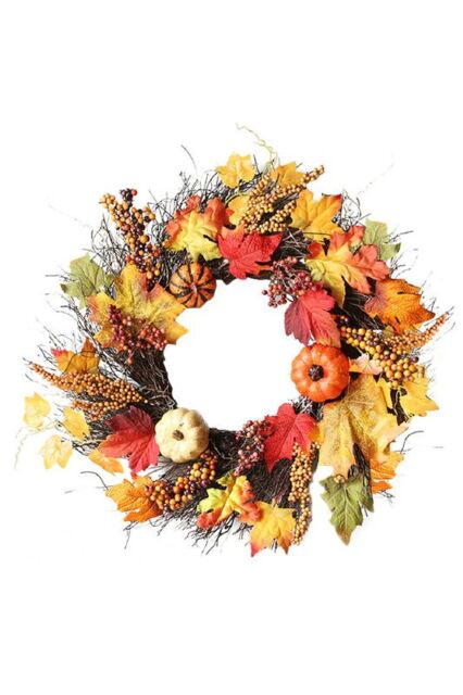 Living and Home 60cm Maple Leaf, Pumpkin Berry & Rattan Wreath with 2m LED Lights Fall Home Decoration in Orange - image 1
