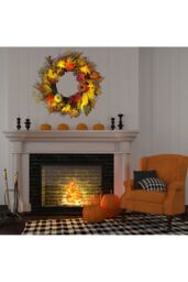 Living and Home 60cm Maple Leaf, Pumpkin Berry & Rattan Wreath with 2m LED Lights Fall Home Decoration in Orange - thumbnail 3
