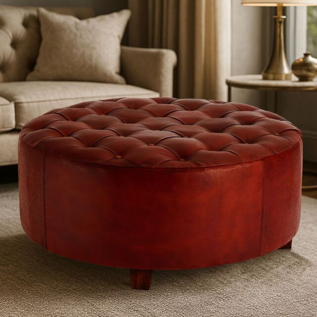 Orsina Elegant Design Round Buttoned Stool, Leather Upholstered Modern Bar Stool, Button Tufted Luxury Bar Stool in Brown - image 1