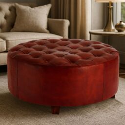 Orsina Elegant Design Round Buttoned Stool, Leather Upholstered Modern Bar Stool, Button Tufted Luxury Bar Stool in Brown - thumbnail 1