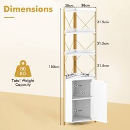 Costway Modern Corner Shelf 180cm Tall Corner Cabinet Bookshelf Display Rack in White - thumbnail 4