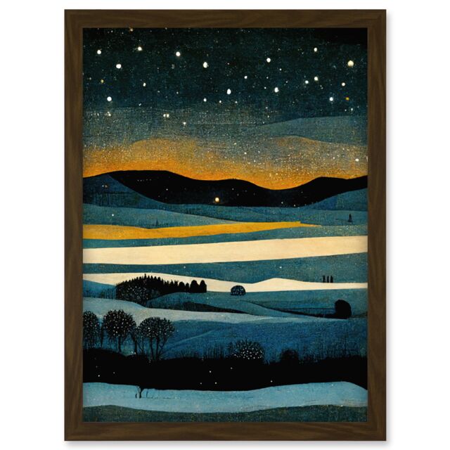 Artery8 Star Filled Twilight Landscape Painting Artwork Framed Wall Art Print A4 in Brown - image 1