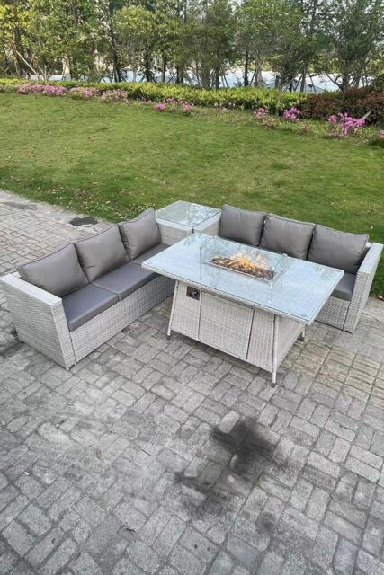 Fimous Corner Rattan Fire Pit Garden Furniture Set Gas Heater Burner Lounge Sofa Dining Table in Light Grey - image 1