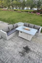 Fimous Corner Rattan Fire Pit Garden Furniture Set Gas Heater Burner Lounge Sofa Dining Table in Light Grey - thumbnail 1