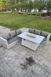 Fimous Corner Rattan Fire Pit Garden Furniture Set Gas Heater Burner Lounge Sofa Dining Table in Light Grey - thumbnail 3