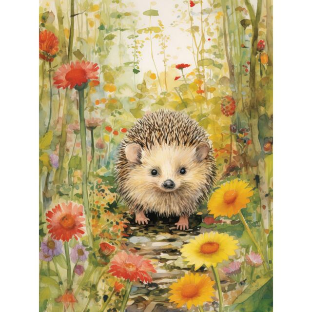 "Artery8 Wall Art Print Adorable Hedgehog in a Wildflower Meadow Watercolour Painting Kids Bedroom Cute Woodland Creature Poster - Size: W12"" x H16""" - image 1