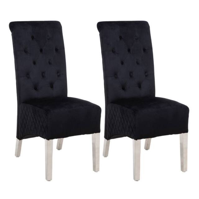 Modernique A Pair (x2) Velvet Tufted High Back Dining Chairs with Chrome Legs in Black - image 1