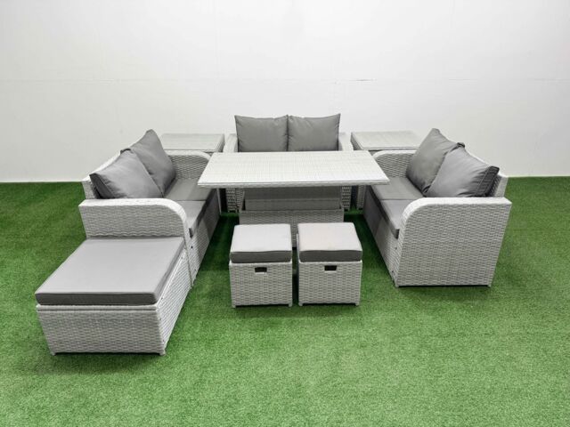 Fimous 9 Seater PE Wicker Rattan Furniture Sofa Sets with Adjustable Lifting Dining or Coffee Table 2 Seater Love Sofa 3 Stool 2 Side Table Light Grey - image 1