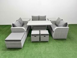 Fimous 9 Seater PE Wicker Rattan Furniture Sofa Sets with Adjustable Lifting Dining or Coffee Table 2 Seater Love Sofa 3 Stool 2 Side Table Light Grey - thumbnail 1