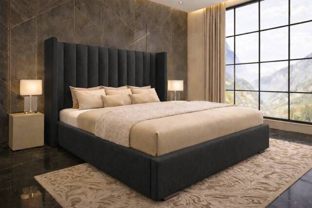 "PARADISE BEDS LTD Ottoman Winged Bed Gas Lift Storage Plush Velvet 54"" Headboard in Dark Grey - Size: King" - image 1