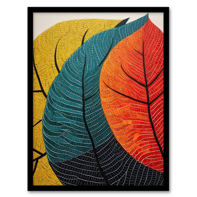 Artery8 Wall Art Print Close Up Leaves Gond Painting Style Orange Blue Green Framed Art - Size: A4 - image 1