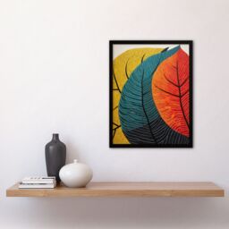 Artery8 Wall Art Print Close Up Leaves Gond Painting Style Orange Blue Green Framed Art - Size: A4 - thumbnail 4