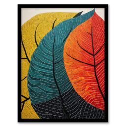 Artery8 Wall Art Print Close Up Leaves Gond Painting Style Orange Blue Green Framed Art - Size: A4 - thumbnail 1