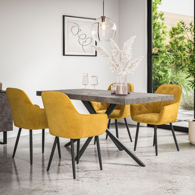 More4Homes Donni Dining Table & Chairs - Concrete Effect Table Top w Black Legs + Anika Velvet Dining Chair Set Of 6 in Mustard - image 1