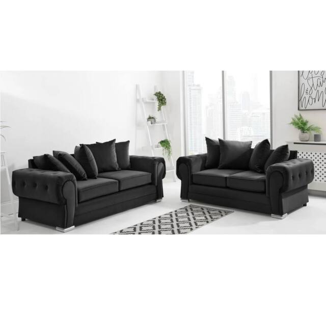 Furniture 786 Verona Scatter Back Plush Velvet 3+2 Seater Sofa Set in Black - image 1