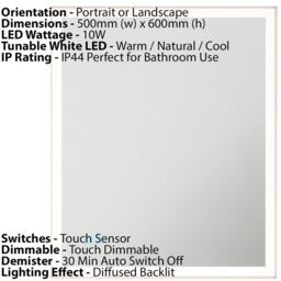 Loops 500 x 600mm IP44 LED Bathroom Mirror & Demister - Tunable White Diffused Border - thumbnail 2