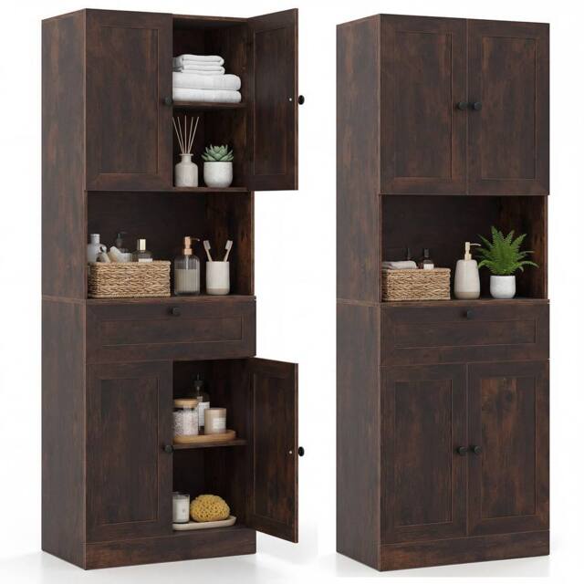 Costway Modern Bathroom Cabinet Wooden Storage Cabinet w/ 4 Doors & 1 Drawer in Brown - image 1