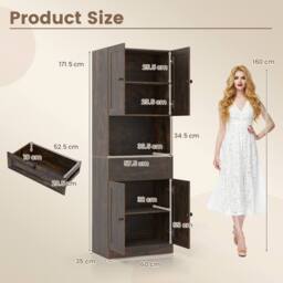 Costway Modern Bathroom Cabinet Wooden Storage Cabinet w/ 4 Doors & 1 Drawer in Brown - thumbnail 2
