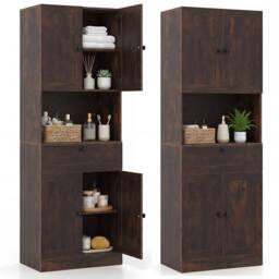 Costway Modern Bathroom Cabinet Wooden Storage Cabinet w/ 4 Doors & 1 Drawer in Brown