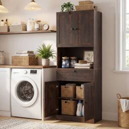 Costway Modern Bathroom Cabinet Wooden Storage Cabinet w/ 4 Doors & 1 Drawer in Brown - thumbnail 7