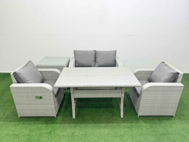Fimous Light Grey PE Wicker Rattan Garden Furniture Set Sofa Set Reclining Chair Rectangular Dining Table 4 Seater With Side Table - image 1